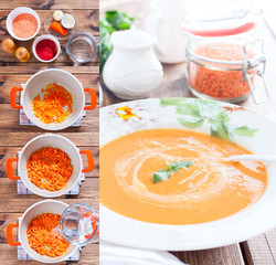 Collage of step-by-step cooking of red lentil soup, selective focus