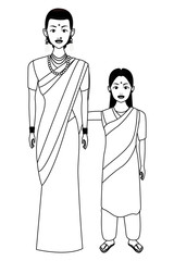 indian family avatar cartoon character in black and white