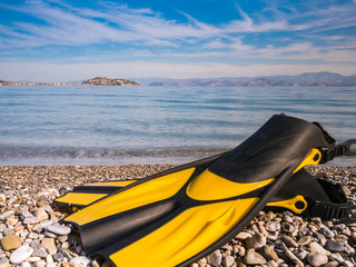 Flippers swimming equipment on beach