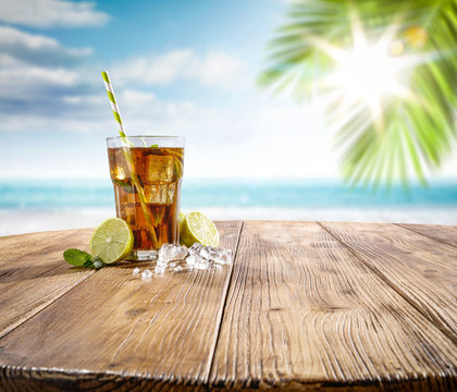 Summer drink and beach landscape 