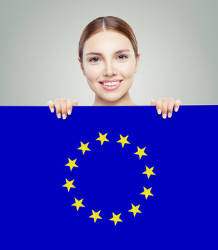 Woman Showing EU Flag Background. Travel And Study In Europe