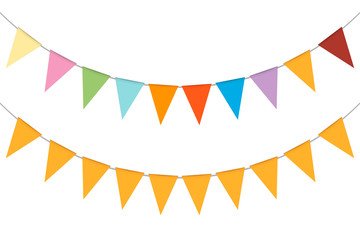 Obraz premium Pennant banner garland, vector illustration. Hanging multicolor triangle flags. Colorful festival party bunting