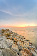 Long break wall shoreline and sunset at horizontal in Melaka