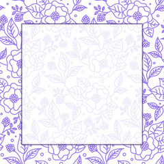 flower frame for decoration of photos, inscriptions, holidays. Square shape, light purple pattern, white free space