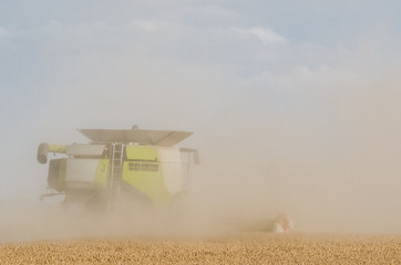 AGRICULTURAL MACHINE - A modern combine harvester works in the field during harvest time