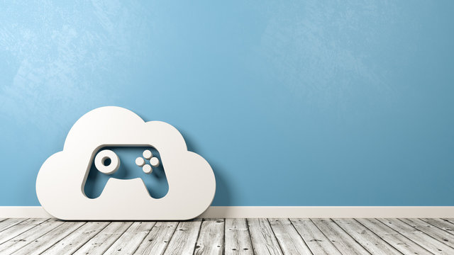 Cloud Gaming Symbol on Wooden Floor Against Wall