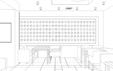 restaurant, 3D illustration, sketch, outline