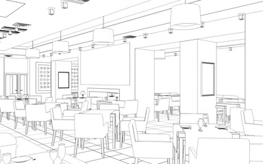 restaurant, 3D illustration, sketch, outline