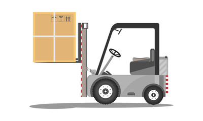 Vector forklift truck design with lifted cardboard box isolated on white background flat icon stock loader illustration.