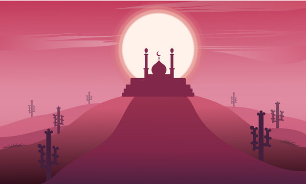 Ramadan kareem landscape with  mosque silhouette islamic. vector design illustration on dark pink background
