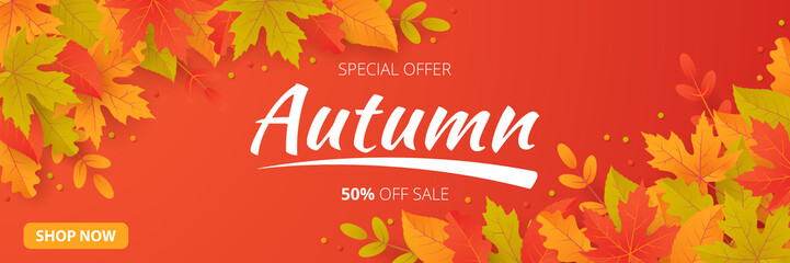 Obraz premium Autumn sale background with leaves. Can be used for shopping sale, promo poster, banner, flyer, invitation, website or greeting card. Vector illustration