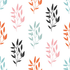 Seamless pattern with hand drawn flowers and leaves on a white background. Vector background fill.