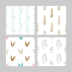Set of seamless patterns with hand drawn flowers and leaves on a white background. Vector background fills.