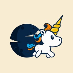 simple CUTE UNICORN AND MOON vector logo