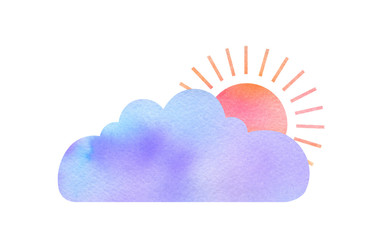 Hand drawn watercolor element - the sun behind the cloud for making web icons, weather style patterns