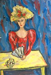 Woman in red dress sitting at the table