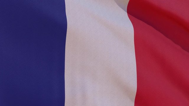 This stock motion graphics video shows a beautiful animation of the national flag of French Republic with highly detailed fabric texture, waving in slow motion. 4K seamless loop.