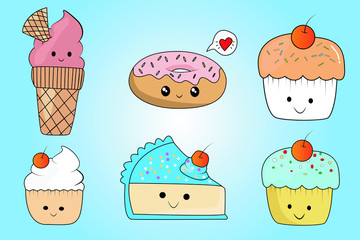 Appetizing desserts, cupcakes, ice cream and donuts
