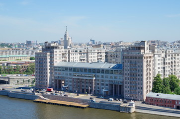 Fototapeta na wymiar Moscow, Russia - June 4, 2019: Summer view of the Bersenevskaya embankment and the House on the embankment (Estrada theatre)