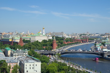 Beautiful summer view of the Moscow Kremlin and the Big Stone bridge over the Moscow-river, Russia