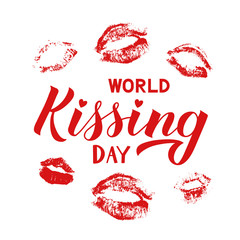 Kissing day hand lettering with lipstick kiss isolated on white. Imprints of red lips. Easy to edit template for typography poster, banner, sticker, flyer, badge, t-shot, etc.