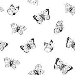 Seamless patterns with outlines of butterflies. Vector illustration