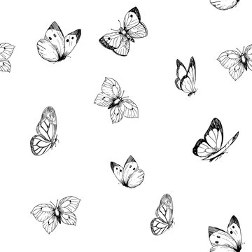 Seamless patterns with outlines of butterflies. Vector illustration