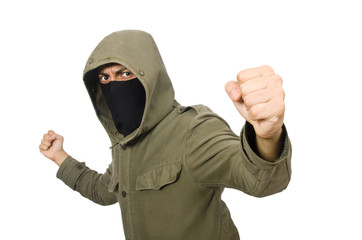 Criminal wearing mask isolated on white