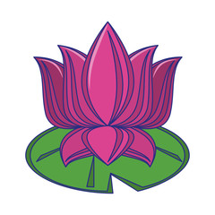 Lotus flower on leaf cartoon isolated blue lines