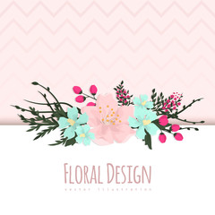 Floral frame with pink and blue flower. 