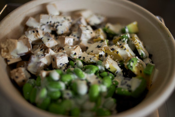 Vegan poke with tofu and edamame