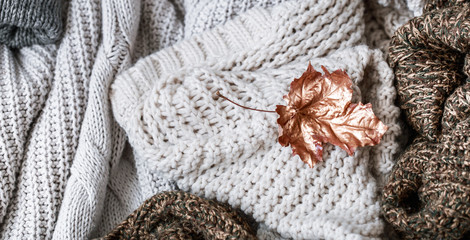 Cozy autumn morning breakfast in bed still life scene. Steaming cup of hot coffee, tea standing near window. Fall.