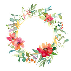 Obraz premium Watercolor floral frame with flowers. Summer wreath.