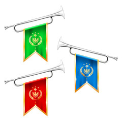 Silver trumpets with royal symbolics - fanfare for victorious, brass instruments