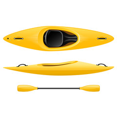 Plastic kayak for fishing and tourism, yellow canoe top and side view