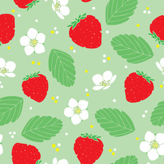 Strawberry with flowers and leaves, seamless vector pattern