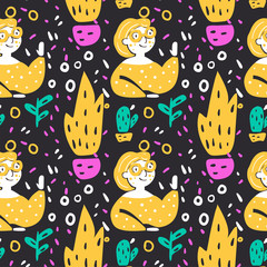 Girl and home plant pattern