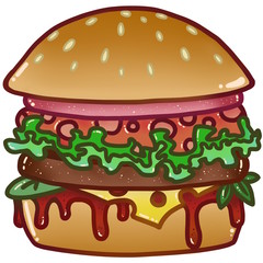 Cartoon hamburger with a delicious filling.