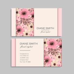 Business card with beautiful pink flowers. Template