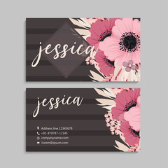 Dark business card with beautiful flowers. Template