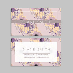 Business card with beautiful violet flowers. Template
