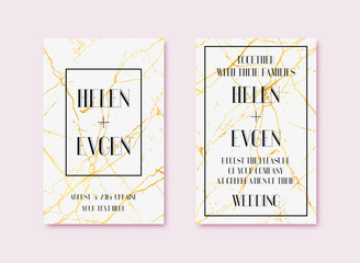Luxury wedding invitation cards with gold marble texture and geometric pattern vector design template