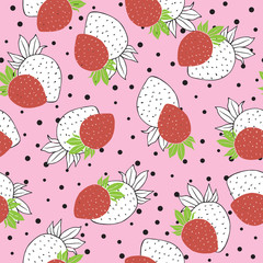 Seamless red and white strawberry on pink background vector design