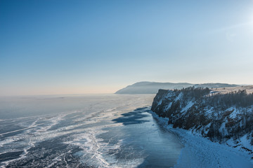 Landscape of mountain with the frozen lake of Baikal in Russia