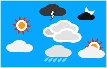 Cloud icons on blue background. Collection with flat design in different shapes and form. Vector sky cartoon illustration. For web, print, app design, weather forecast, web interface or cloud storage