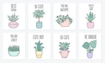 Collection of cute cards with house plants in pots