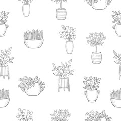 Seamless pattern with house plants in pots