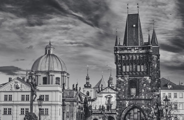 Church of St. Francis and The Old Town Bridge Tower B&W, Prague, Czech Republic