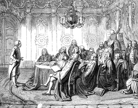 Vintage engraving from 'The examination' painting of the 1840 by Johann Peter Hasenclever German painter. The scene describes a graduate student before the Board of Examiners