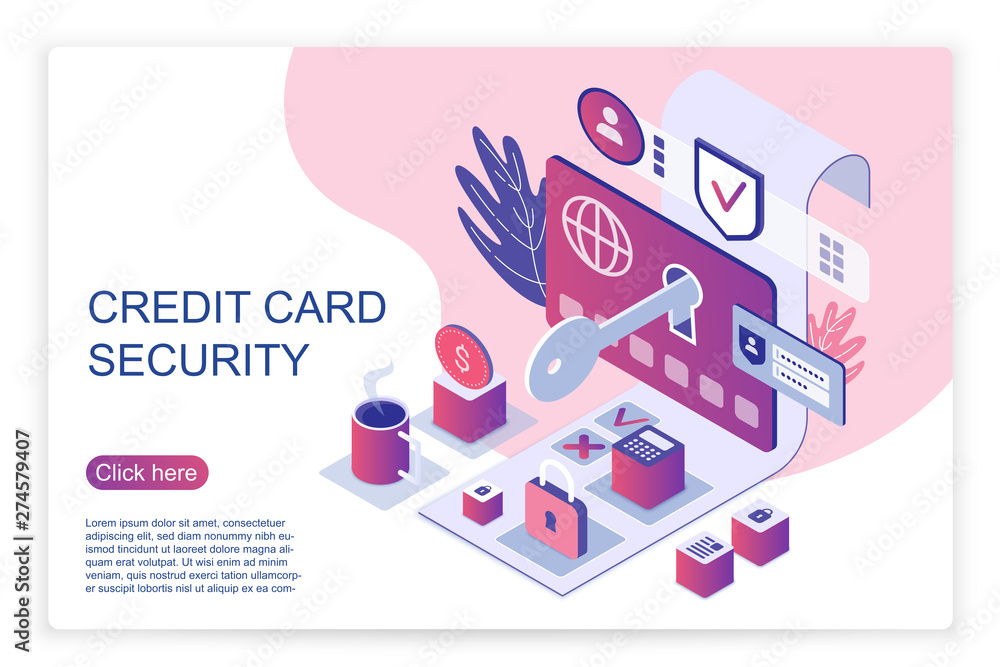 Poster isometric website page representing credit card security, cyber data security service vector illustr